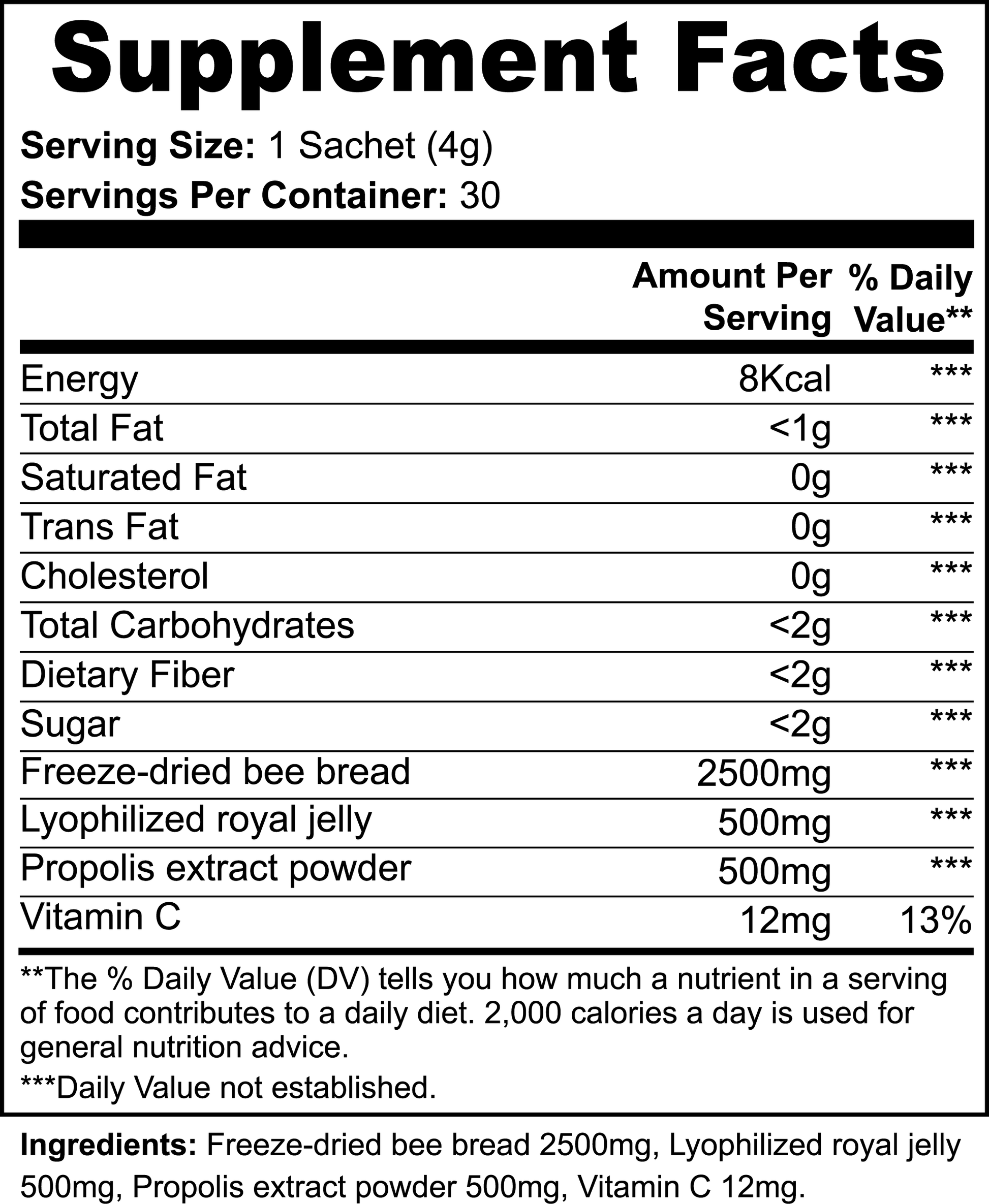 Bee Bread Powder Ingredient Label for Super Mike Supplements LLC