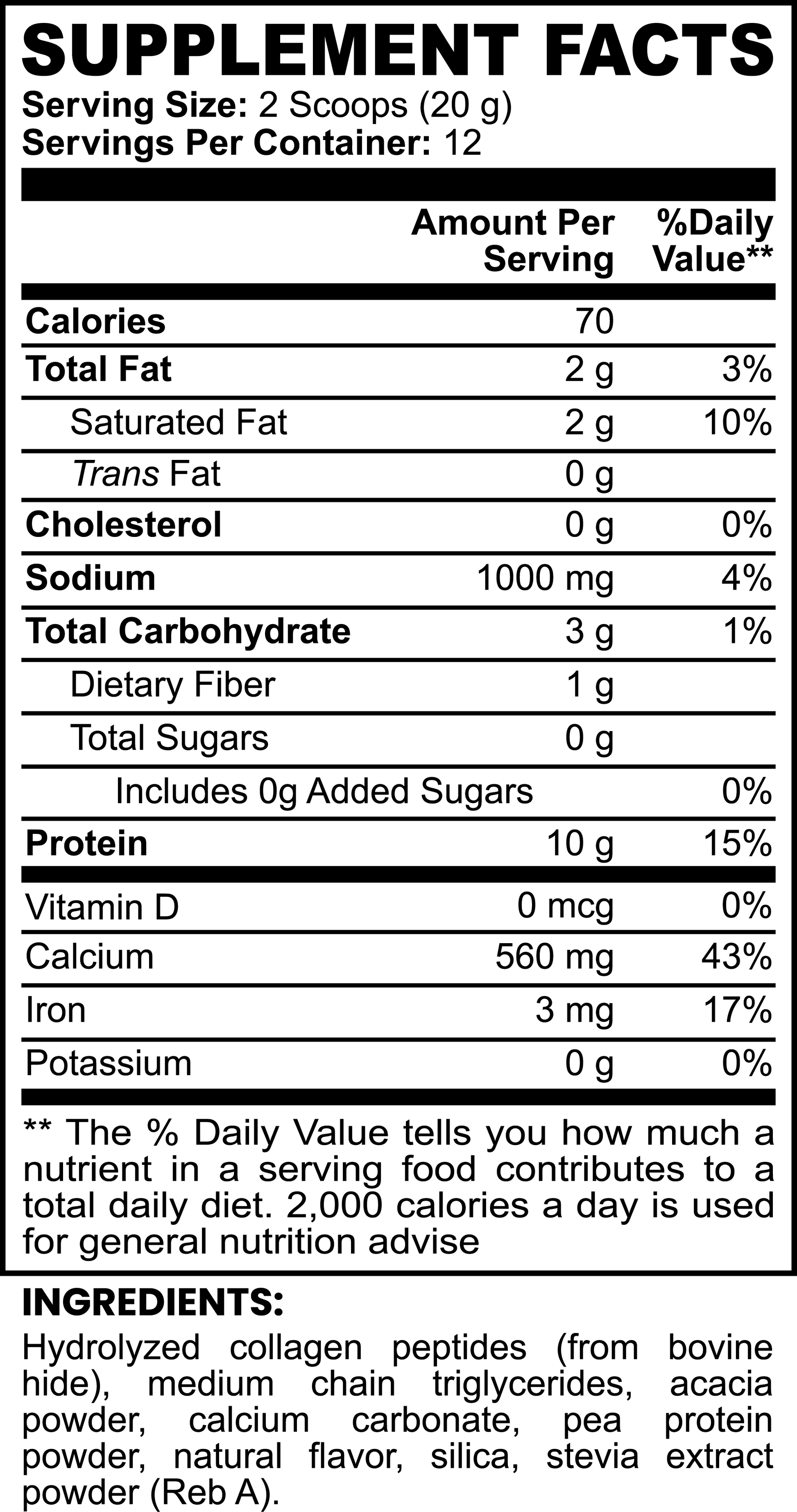 Grass-fed Collagen Vanilla Ingredient label for Super Mike Supplements 