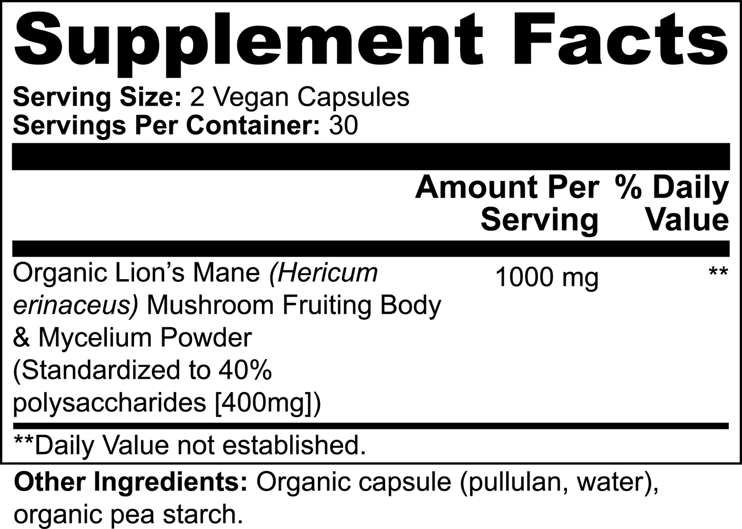 Product label for Lion's mane Mushroom from Super Mike Supplements LLC